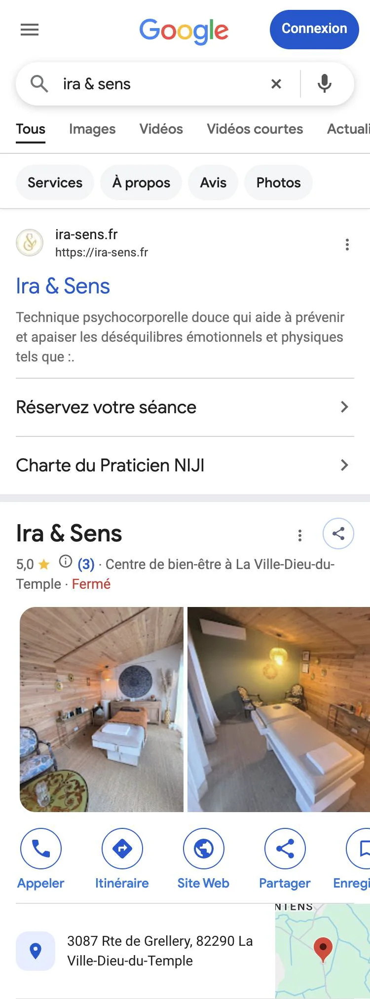 Ira & Sens dans les résultats de Google, sur téléphone